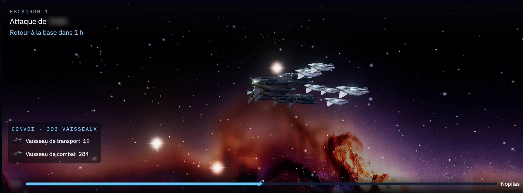 Vue 3D d’un escadron en vol : vaisseaux de combat et transports entre deux planètes